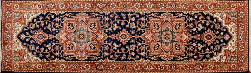 Serapi runner 2' 6" by 7' 9" rug with medallion pattern from India - Navy Blue & Rust