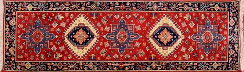 Karajeh runner 2' 1" by 5' 11" rug with geometric pattern from India - red & navy blue