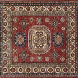Kazak square 5' 0" by 5' 0" rug with geometric pattern from Afghanistan - red & Ivory