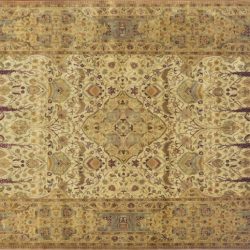 Kerman rectangular 10' 0" by 13' 10" rug with medallion pattern from India - Ivory & light blue