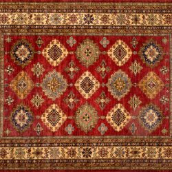 Kazak rectangular 8' 3" by 10' 1" rug with geometric pattern from Pakistan - Red & Ivory