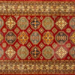 Kazak rectangular 8' 7" by 12' 1" rug with geometric pattern from Pakistan - Red & Ivory
