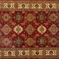 Kazak rectangular 8' 3" by 9' 11" rug with all-over pattern from Pakistan - Red & Ivory