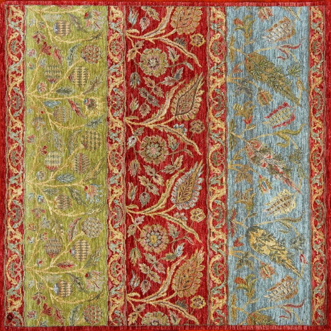 Agra square 5' 5" by 5' 5" rug from India - Red, green, blue